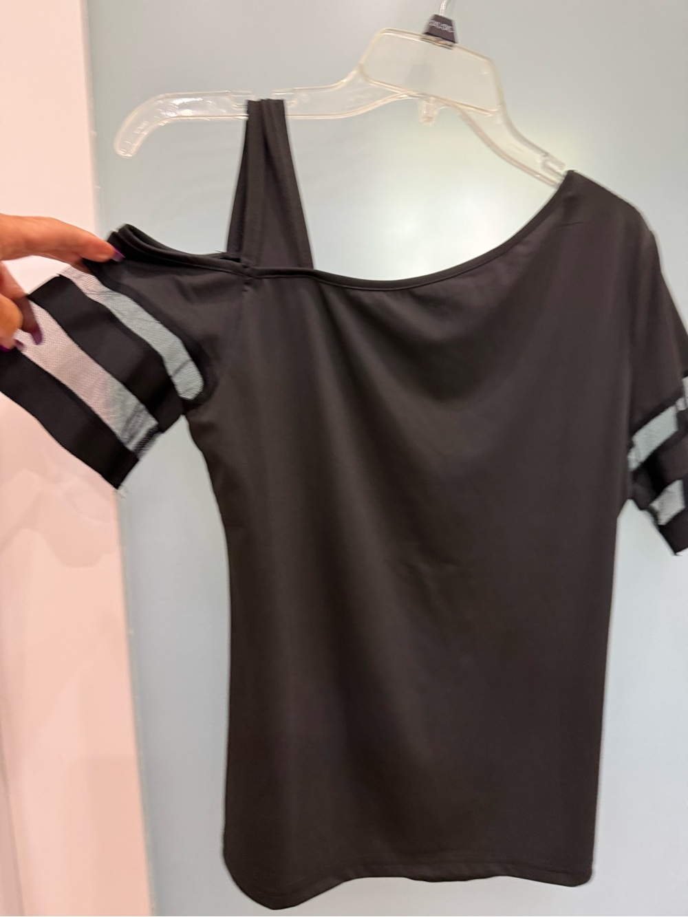 Black One-Shoulder Short Sleeve with Sheer Detail in sleeves.